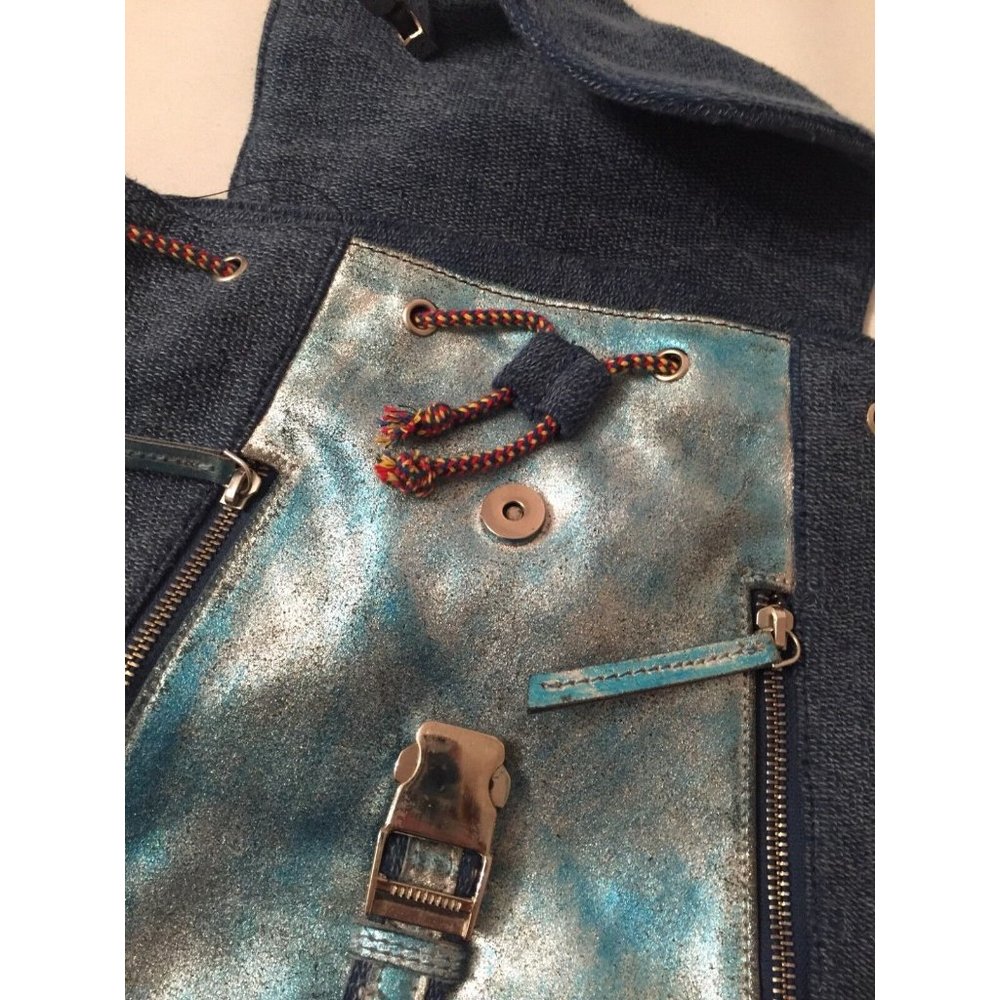 Free People Blue Denim Backpack with Metallic Aqua Front - Picture 8 of 8